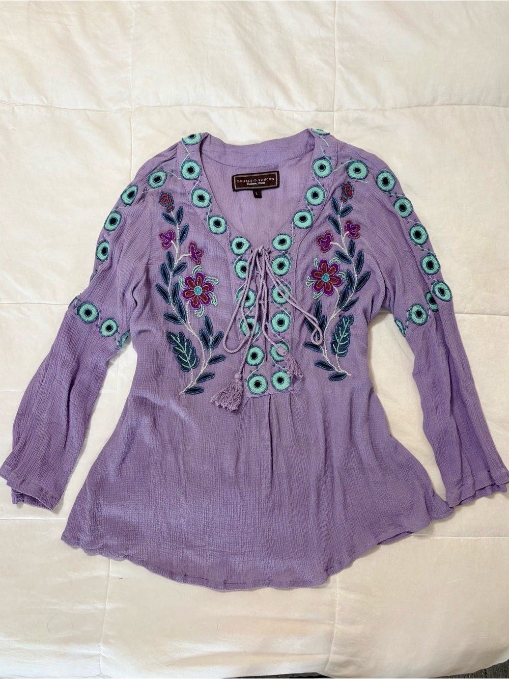 Double D Ranch Lavender Embroidered Lace-Up Peasant Tunic